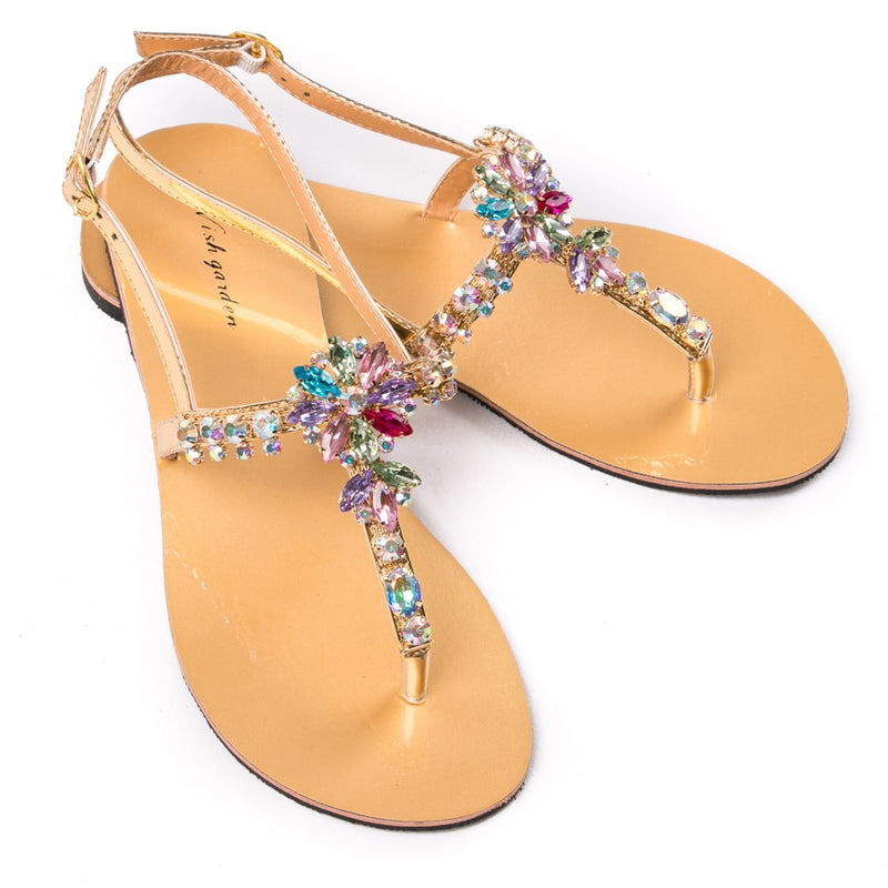 NEUE Sommer-Frauen-Strand-Sandelholz-Dame Fashion Bohemia Diamond Shoes Female T-Strap Thong Flip Flops Casual Boho Shining Slipper