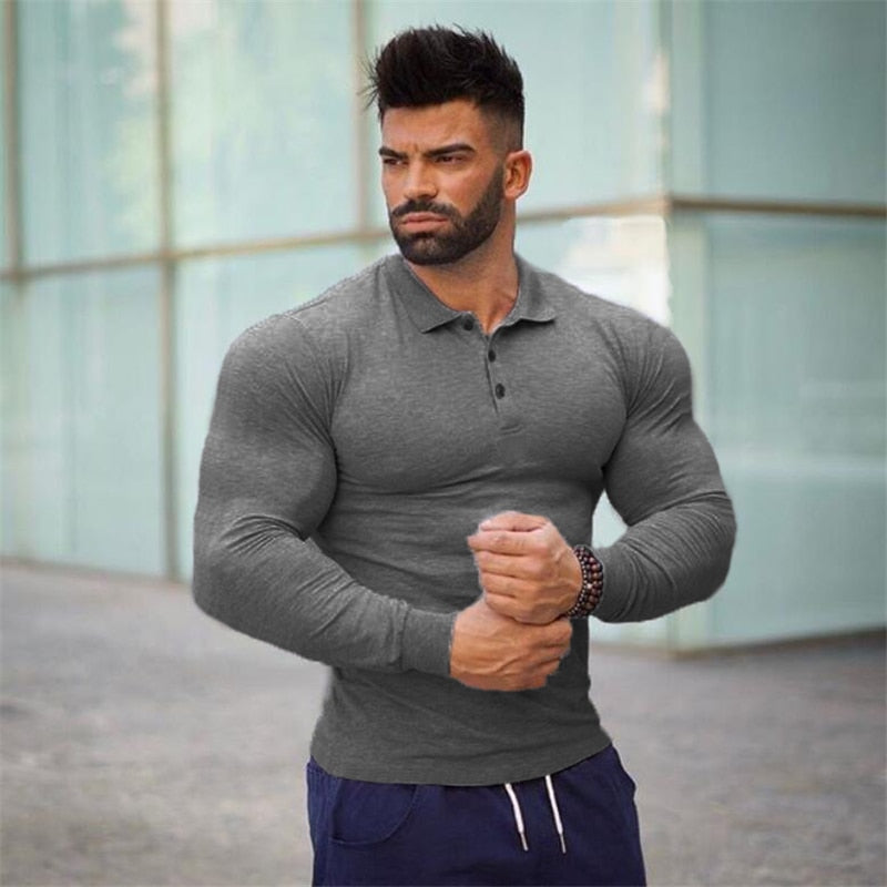 Polos de marca de manga larga para hombre de algodón sólido Fitness para hombre Slim Fit moda otoño transpirable Polo