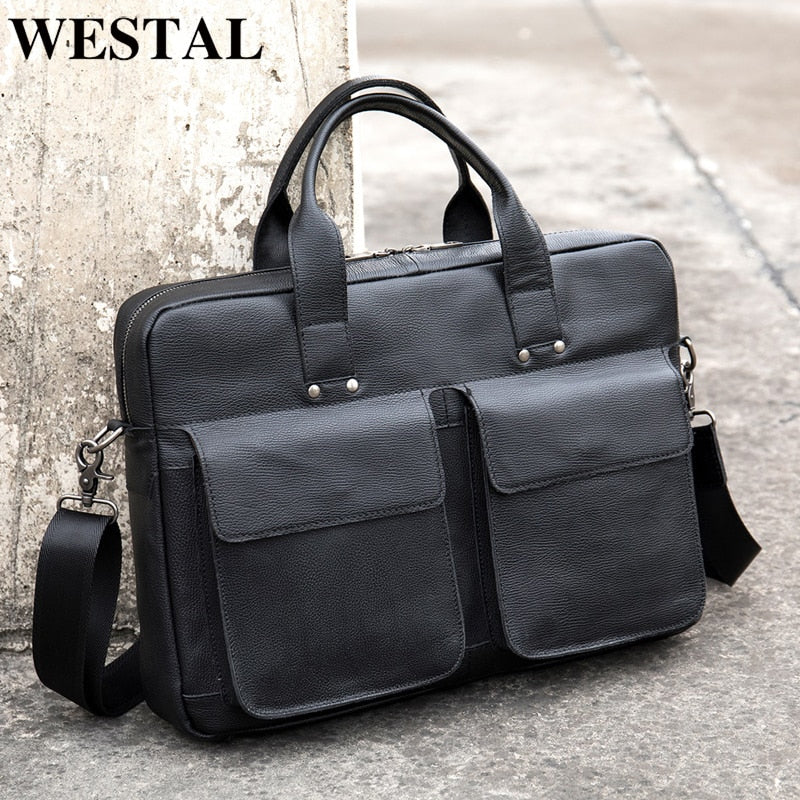 WESTAL 100% Leather Laptop Bag 15.6 Men's Briefcases Genuine Leather Shoulder Bag for Men Handbags Designer Bags for Document A4