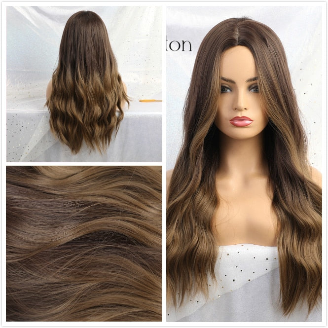 ALAN EATON Long Ombre Black Brown Blonde Wigs with Bangs Heat Resistant Synthetic Wave Wigs for Women African American Cosplay