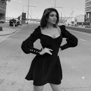 Fitshinling Vintage Gothic Velvet Dress Women Dark A Line Buttons Winter Grunge Slim Vestidos Long Sleeve Black Punk Dresses New