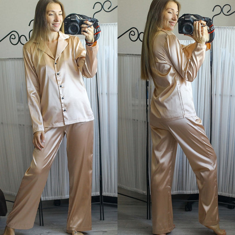 Restve Black Sleepwear Female Satin 2 Piece Set Solid Women Pajamas Loose Pants Casual Home Suit Sets Nightwear Winter Pocket