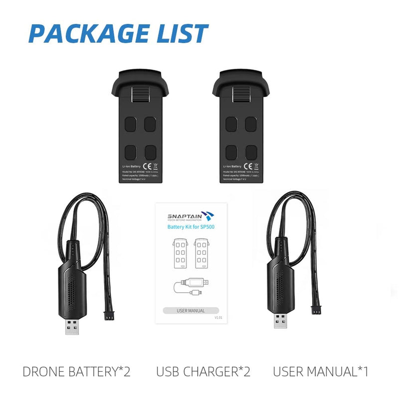 SNAPTAIN Drohne SP500 Ersatzteile Zubehör GPS-Drohnenbatterie 7,4 V 1000 mAh Modularer wiederaufladbarer Li-Po-Akku 2 STÜCKE für SP500