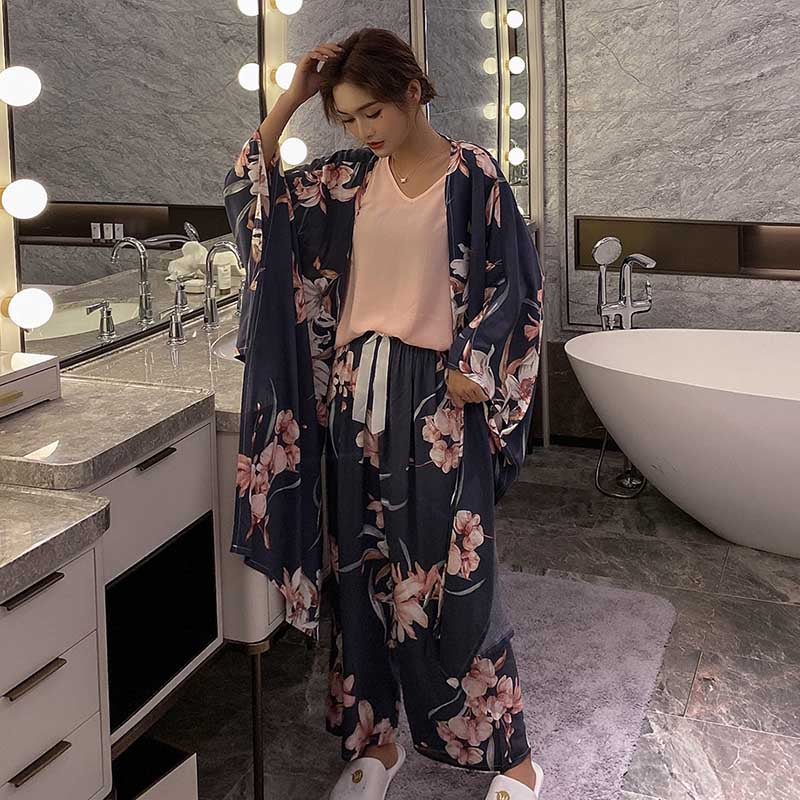 Autumn Ladies Pajama Set Cotton Satin 4Pcs Set Cardigan+Vest+Pants+Shorts Floral Printed Elegant Femme Tender Sleepwear Homewear