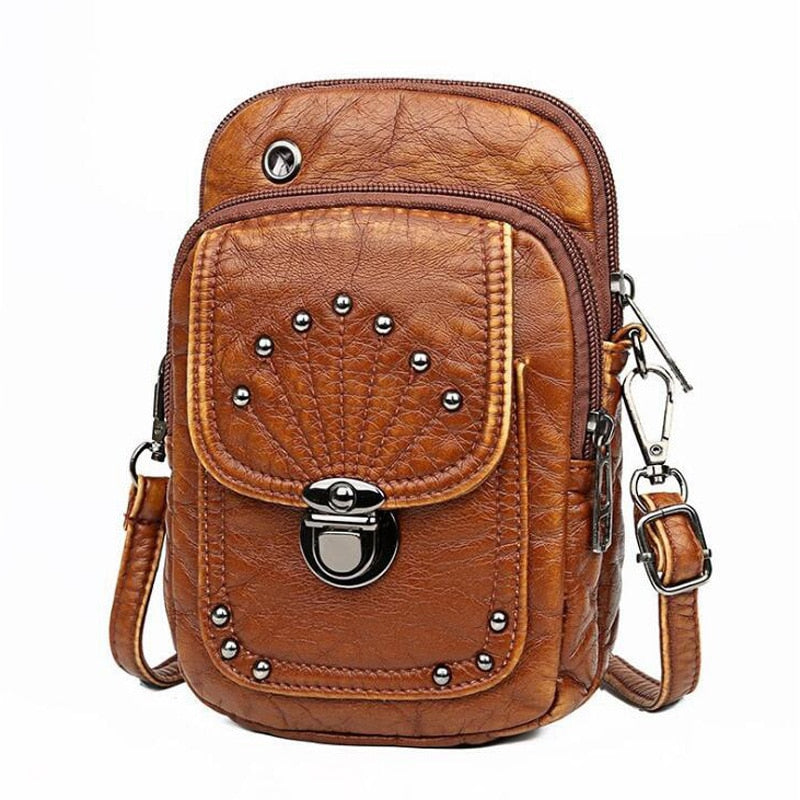 Vintage Soft Leather Crossbody Bags Rivet PU Women Messenger Shoulder Bag Small Female Handbags Phone Purses Black and Brown