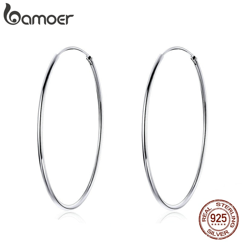 Bamoer 925 Sterling Silver Platinum Plated Classic Big Hoop Earrings for Women Fashion Jewerly Size 30mm 40mm 50mm