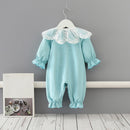 Neugeborenes Kleinkind-Säuglingsbaby-Spielanzug-Spitzen-Kragen-Overall-Spielanzug-kleine Mädchen-Ausstattungs-Baby-Kleidung-Blau 0-2T