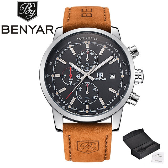 Watch Men BENYAR Quartz Fashion Chronograph Clock Luxury Brand Leather Men Watches waterproof Sport Wristwatch Relogio Masculino