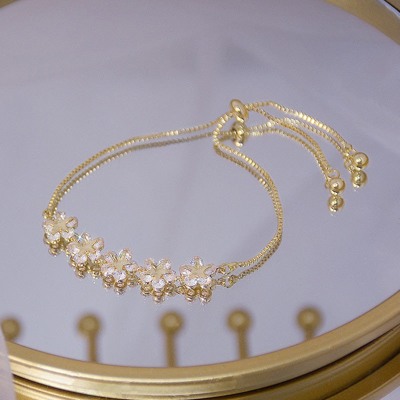 Luxury Super Shine AAA Zircon Flower Bracelet for Women Cute Romantic 14K Real Gold CZ Lady Bresselet Daily String Pulseras