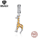 BISAER Animal Giraffe Dangle Charm 925 Sterling Silver Enamel CZ Beads Pendant DIY Original Bracelets Necklace Jewelry EFC258