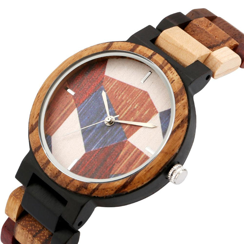 Einzigartige unregelmäßige Geometrie, Spleißen, Muster, Holzuhr, Herrenuhr, verstellbar, Mischfarbe, Retro-Armbanduhr aus Holz, Uhren Hombre
