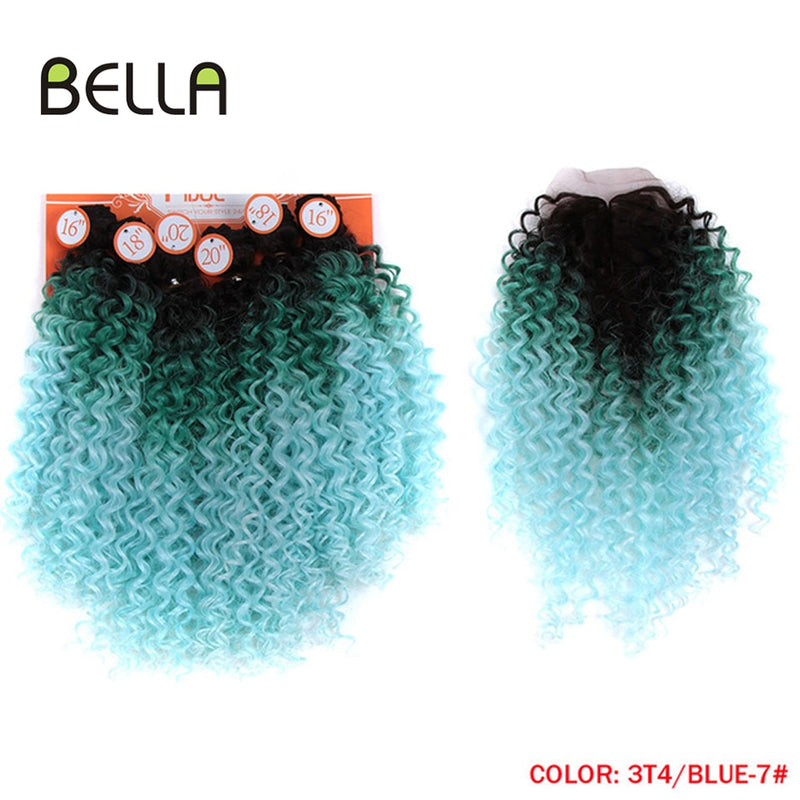 Bella Afro Kinky Curly Synthetic Hair 6 Bundles With 1Closure 7pcs/Lot Ombre Color 16-20 inch Kinky Curly Bundles Hair Extension