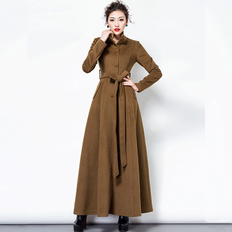 S-3XL Women Long Wool Coat Autumn Winter New Fashion Thick Warm Turtleneck Adjustable Waist Sashes Woolen Tops Outerwear Female