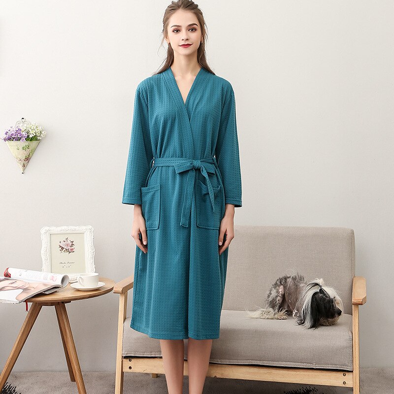 Frauen Sommer 2021 Langer Weicher Bademantel Pyjama Kimono Solide Waffel Bademantel Mit Schärpen Morgenmantel Nachtwäsche Weibliche Homewear