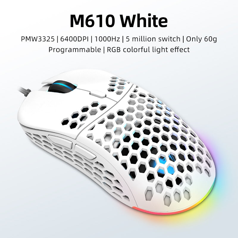 Machenike M6 Gaming Mouse RGB PMW3389 Computer Mouse Gaming 16000DPI Programable Ajustable PC Diseño hueco 60g Luz LED