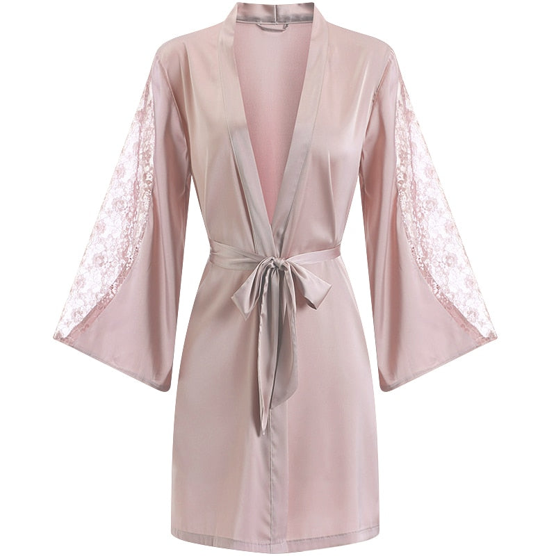 Women Sexy Robe Set Sleepwear Faux Silk Kimono Gown Lacee Lingerie Nightdress Soft Perspective Bridal Wedding Gift
