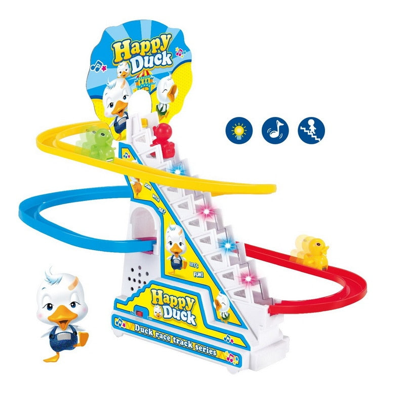 Escalada escaleras pista juguetes dibujos animados pingüino dinosaurio perro pato para niños música electrónica niños divertidos niños niñas regalo de cumpleaños