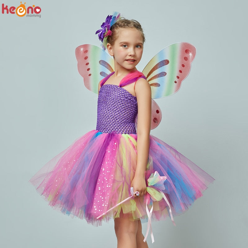 Mädchen Schmetterling Fee Kostüm Tutu Kleid Flügel Kostüm Kinder Prinzessin Geburtstagsfeier Halloween Cosplay Kinder Frühling Tüllkleid