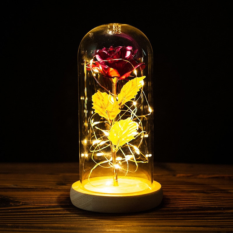 LED Enchanted Galaxy Rose Ewige 24 Karat Goldfolie Blume mit Lichterketten in Kuppel für Heimdekoration Weihnachten Valentinstagsgeschenk