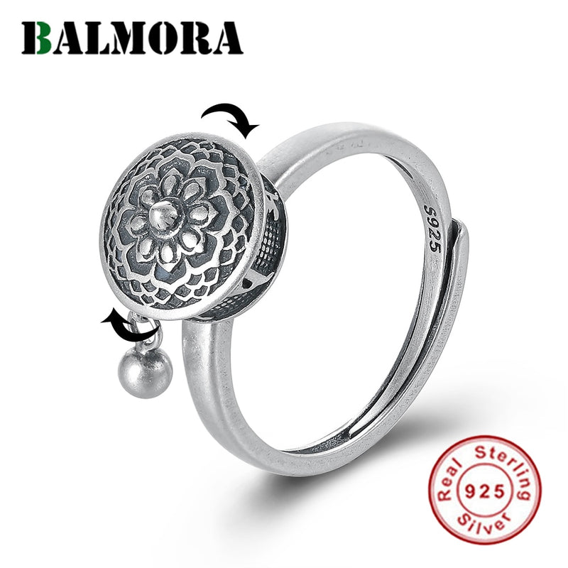 BALMORA 100% Real 925 anillos budistas de plata esterlina para mujer señora anillo giratorio tibetano oración Mantra anillo buena suerte anillo regalo