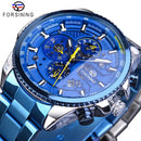 Forsining reloj automático para hombre banda de acero azul calendario 3 Sub Dial reloj de pulsera mecánico resistente al agua reloj Masculino Relogio Masculino