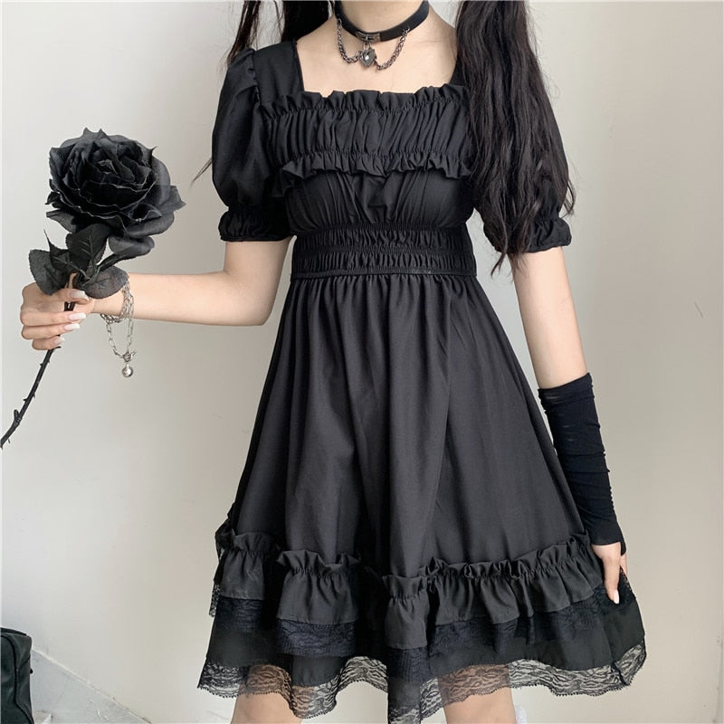 Japanese Harajuku Dark Style Summer New Dresses Vintage Square Collar Lace Puff Sleeve Dress Sweety Ruffles Hepburn Black Dress