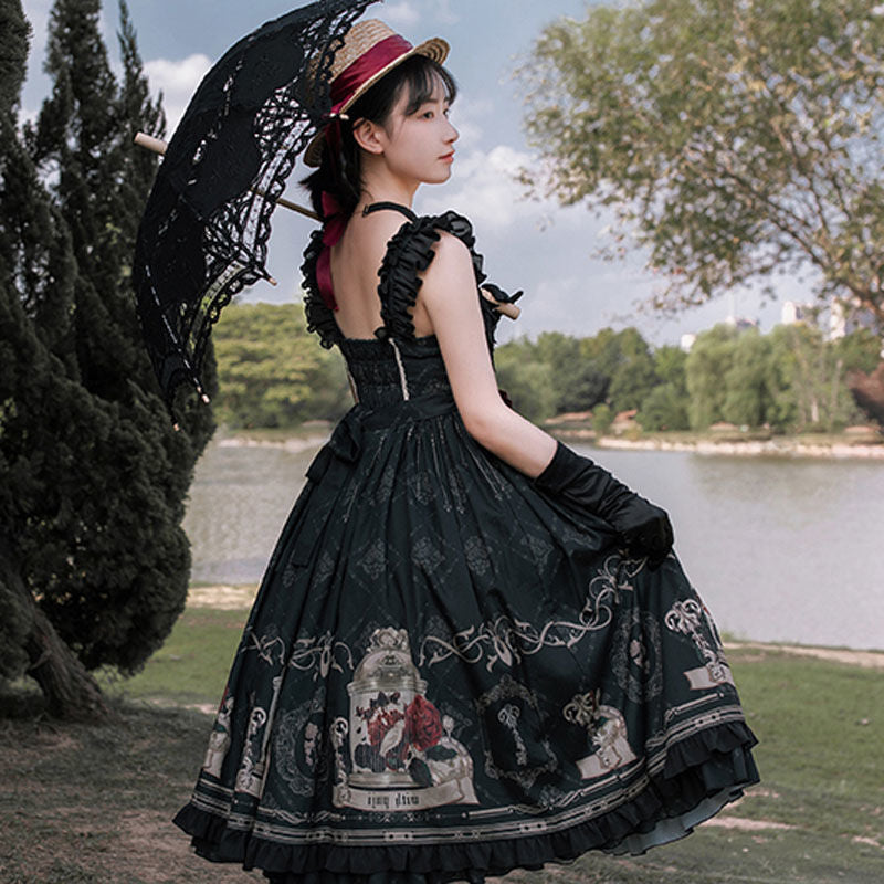 Lolita JSK vestido ruiseñor y rosa jsk vestido estilo gótico oscuro Vintage victoriano princesa fiesta vestido sin mangas lolita vestido