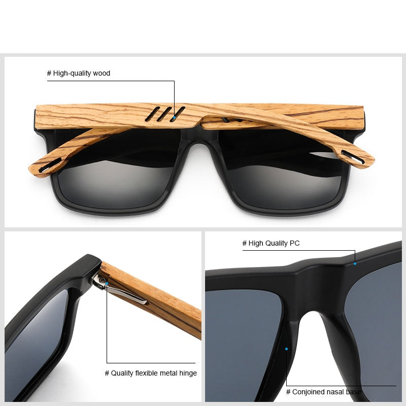 Ravenisa Zebra Wood Square Sunglasses Polarized Sun glasses Men Brand Designer Wooden Glasses  Frames Oculos De Sol Feminino