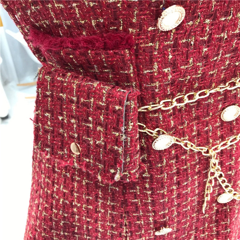 2020 neue Goldfaden Plaid Anzug Mantel Frauen gekerbte zweireihige Feder Quaste Trim dünne Tweed Jacke mit kostenloser Gürteltasche