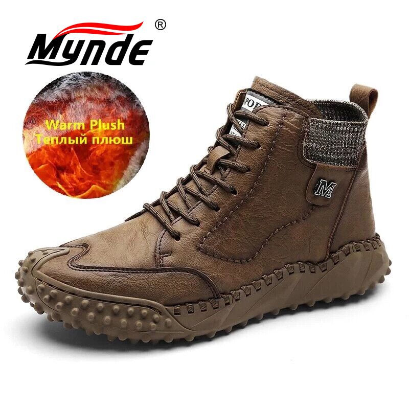 Nuevas botas de invierno para hombre, botas de nieve cálidas de felpa gruesa para hombre, botines de cuero para hombre, botas de moto hechas a mano, zapatos para hombre al aire libre