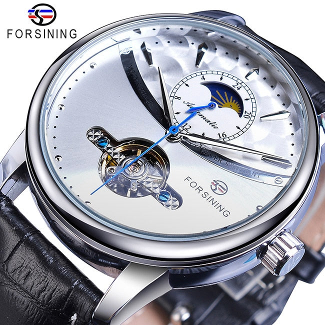 Forsining Moon Phase Automatic Watch Royal Men Golden Waterproof Mechanical Wristwatch Casual Genuine Leather Tourbillon Clock