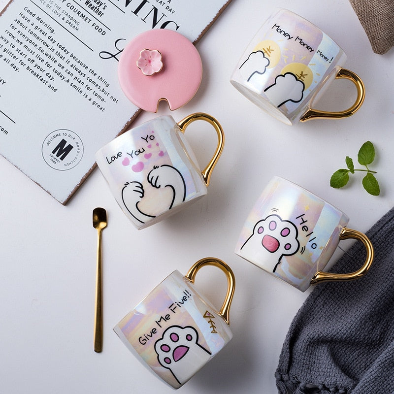 Cartoon Ceramics Cat Mug With Lid and Spoon Coffee Milk Mugs Cute Creative Breakfast Cup Valentine&