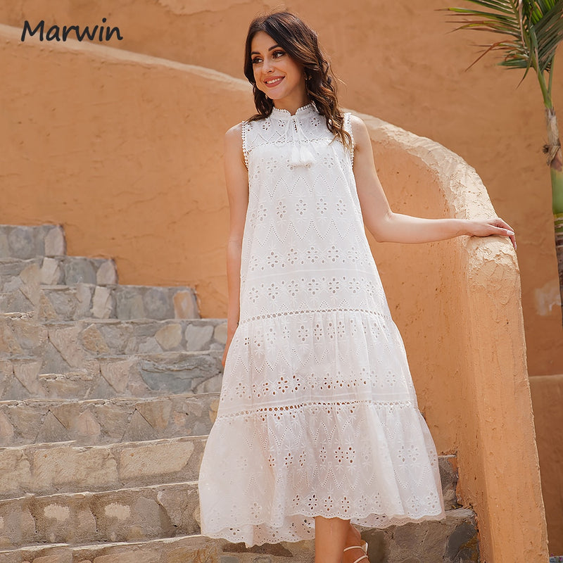 Marwin Long Simple Casual Solid Hollow Out Pure Cotton Holiday Style High Waist Fashion Mid-Calf Summer Dresses NEW Vestidos