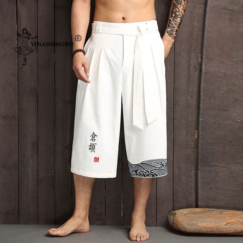 Kimono japonés, pantalones tradicionales para hombre, ropa asiática, pantalón de baño, informal, holgado, estilo japonés, Yukata, pantalones recortados de lino