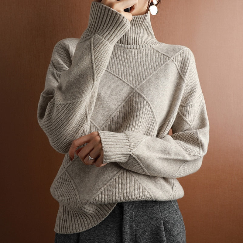 Suéter de Cachemira para mujer, suéter de cuello alto, jersey de cuello alto de punto de color puro, suéter holgado de talla grande de lana pura 100% para mujer