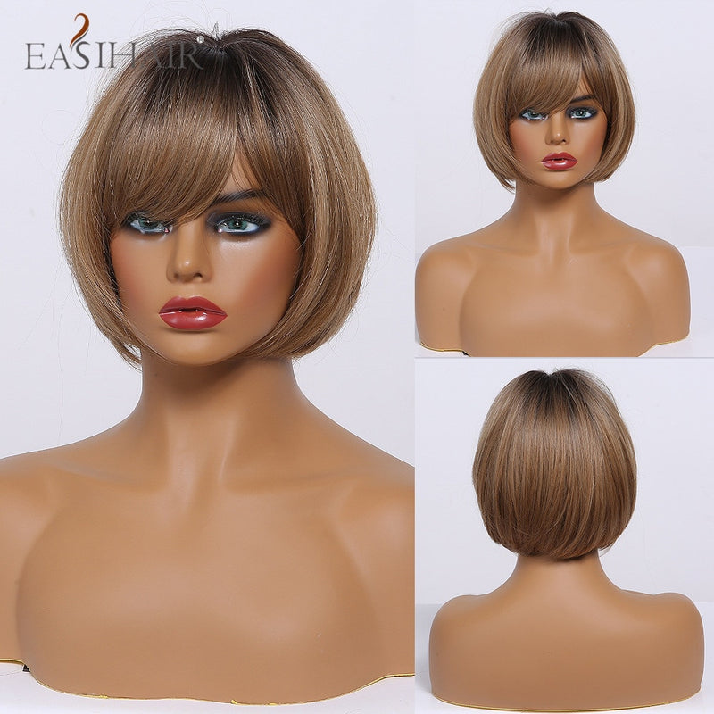 EASIHAIR marrón oscuro corto BoBo pelucas con flequillo resistente al calor pelucas de pelo sintético Cosplay Lolita pelucas femeninas para mujeres