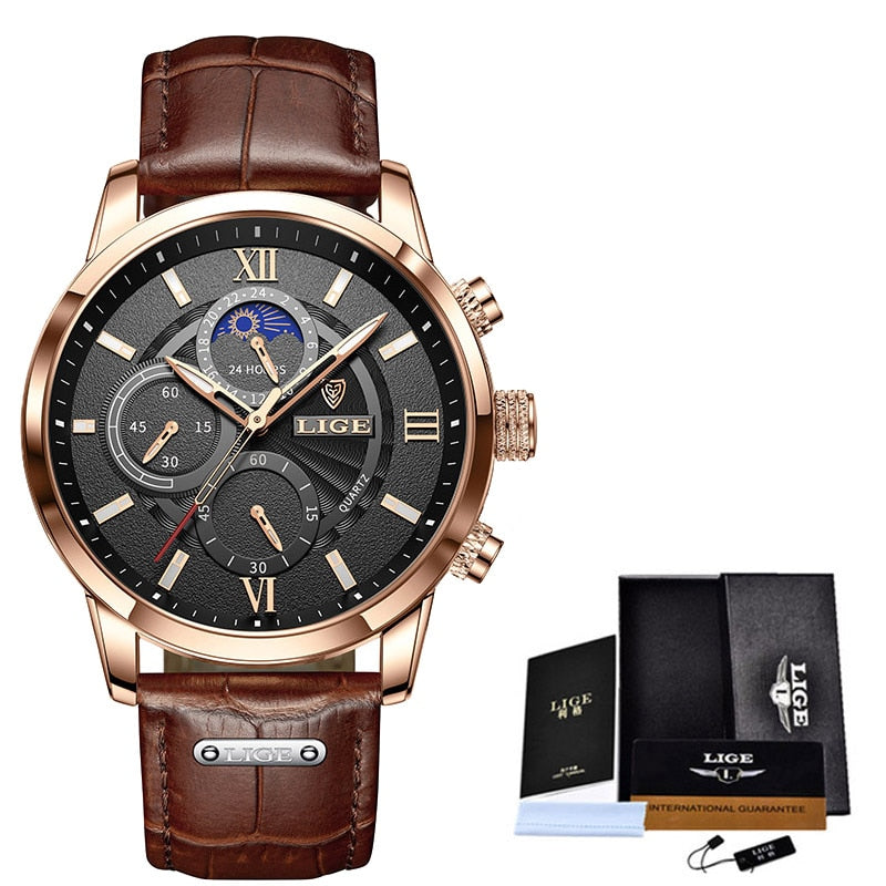 2022 LIGE Watches Mens Top Brand Luxury Clock Casual Leathe 24Hour Moon Phase Men Watch Sport Waterproof Quartz Chronograph+Box