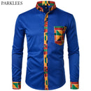Dashiki African Herrenhemd Patchwork Pocket Africaine Print Shirt Herren Ankara Style Langarm Design Kragen Herrenhemden