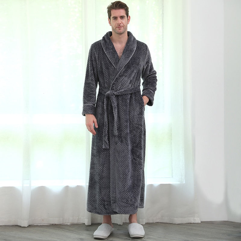 Men Winter Plus Size Long Coral Fleece Bathrobe Kimono Warm Flannel Bath Robe Men Cozy Robes Night Sleepwear Women Dressing Gown