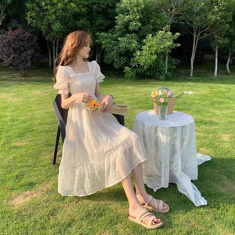 2021 Summer Floral Design Sweet Dress Short Sleeve Chiffon Elegant Dress Korean Style Square Collar Party Dress for Female Dot