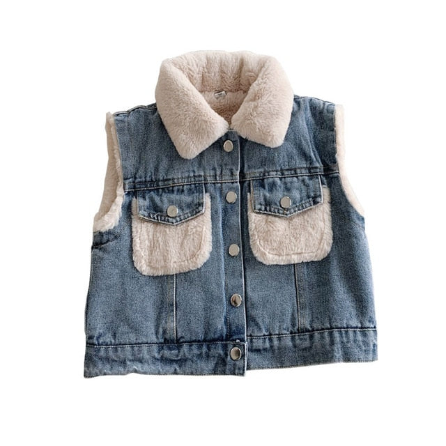 New Fashion Denim Child Waistcoat Winter Coats Warm Fleece Baby Girls Boys Vest Kids Outfits Children Outerwear For 70-140cm