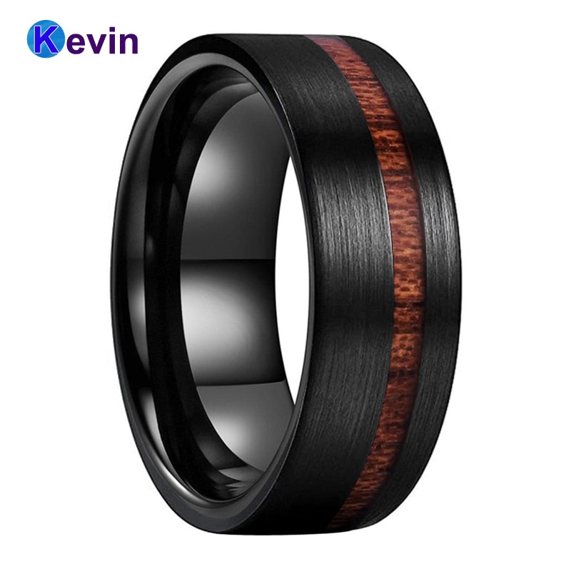 Classic Wood Ring Black Tungsten Wedding Band For Men And Women With Offset Groove Real Wood Inlay 8MM Comfort Fit