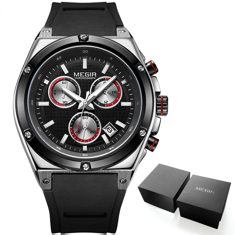 Megir Men Black Silicone Sports Quartz Wrist Watches Luminous Relojios Relojes Waterproof Chronograph Clock Montres Q2073G-BK-1