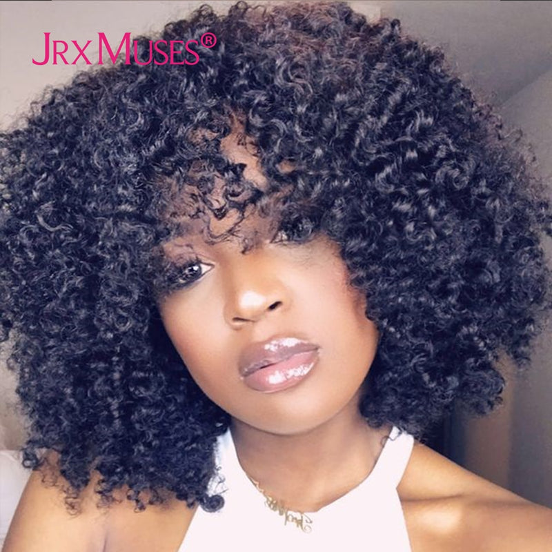 200 Density Curly Wig With Bangs Human Hair Wigs Machine Made Fringe Short Bob Wig Thick Afro Kinky Curly Wigs For Black Women