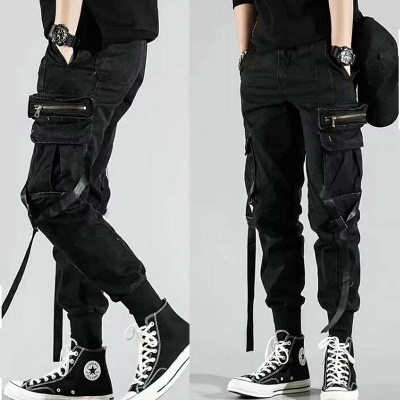 Herren Seitentaschen Haremshose 2022 Herbst Hip Hop Lässige Bänder Design Männliche Joggerhose Mode Streetwear Hose Schwarz