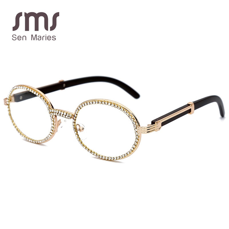 Mode Kleine Runde Diamant Sonnenbrille Männer Neue Luxus Transparent Klare Linse Frauen Oval Kristall Holz Brille Strass oculos