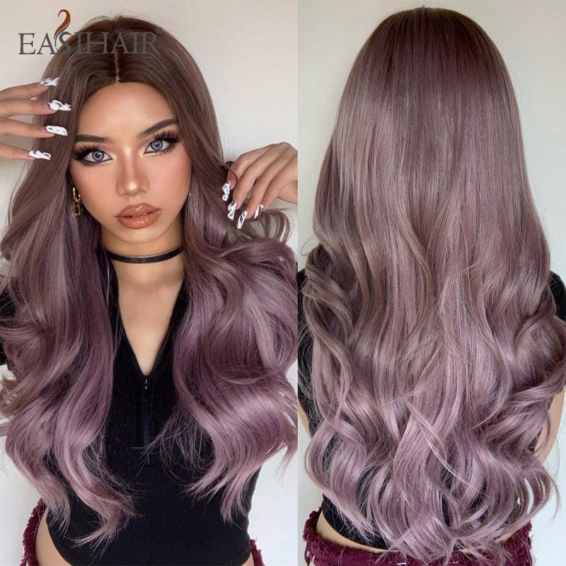 Pelucas EASIHAIR de color marrón claro con ondas de cuerpo largo y reflejos rubios, pelucas de pelo sintético resistentes al calor para Cosplay de parte media para mujeres