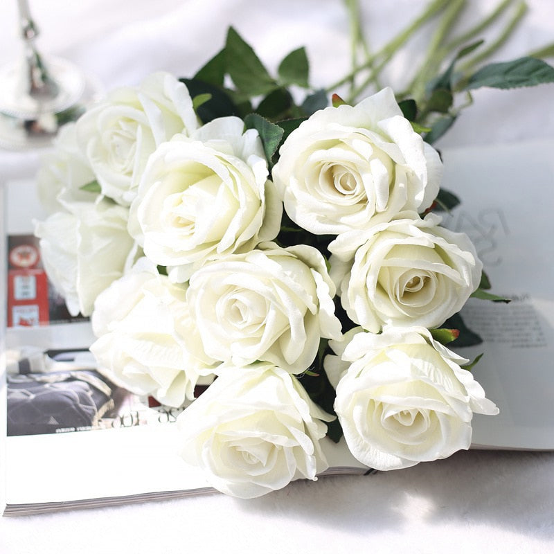 5Pcs 51cm Long Branch Flowers Bouquet Beautiful White Silk Roses Artificial Flowers Wedding Home Table Decor Arrange Fake Flower