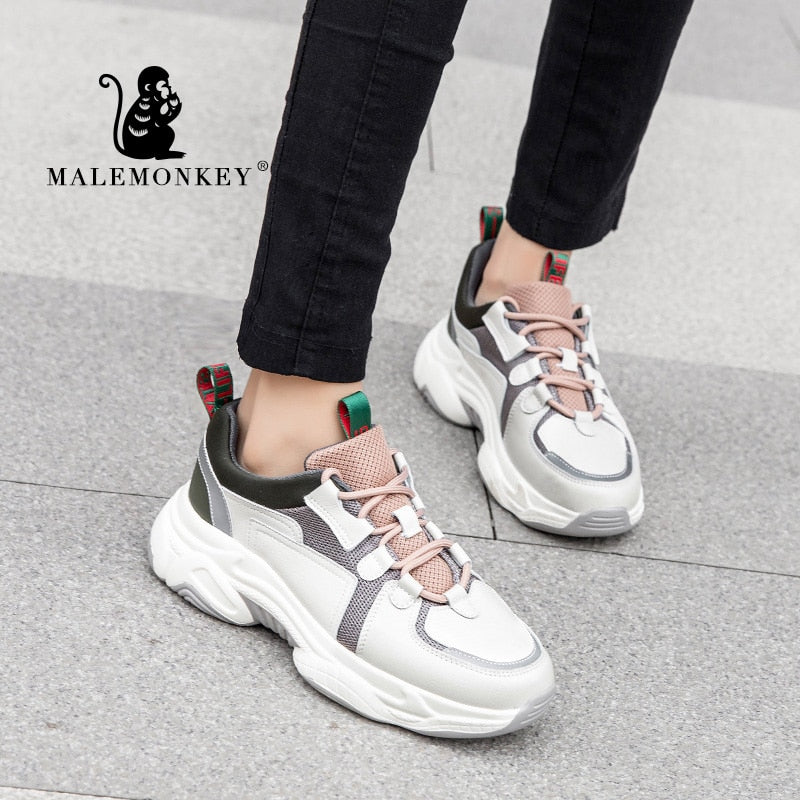 Mode Sport Casual Turnschuhe Frauen 2021 Frühling Herbst Leder Atmungsaktiv Komfortable Sneaker Plateauschuhe Frauen Schwarz