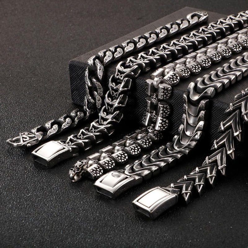 Fongten Vintage Punk Charms Link Chain Bracelet Stainless Steel Skull Snake Viking Dainty Cuff Bangle Men Jewelry